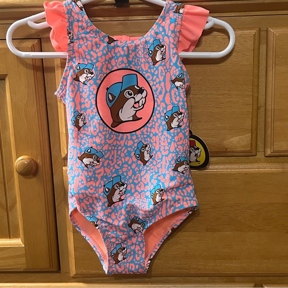 Buc-ees Adorable Neon Orange & Blue Girl’s Bathing Suit Size 12-18 Months NEW!